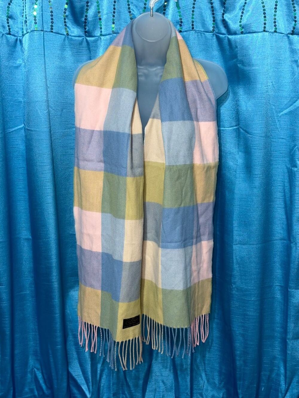 100% Cashmere Scarf Pastel Plaid Color Block Fringe Trim Hand Tailored